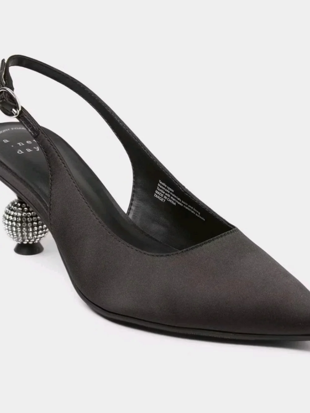 A New Day Satin Simone Pointed Toe Slingback Pump in Charcoal Memory Foam Insole